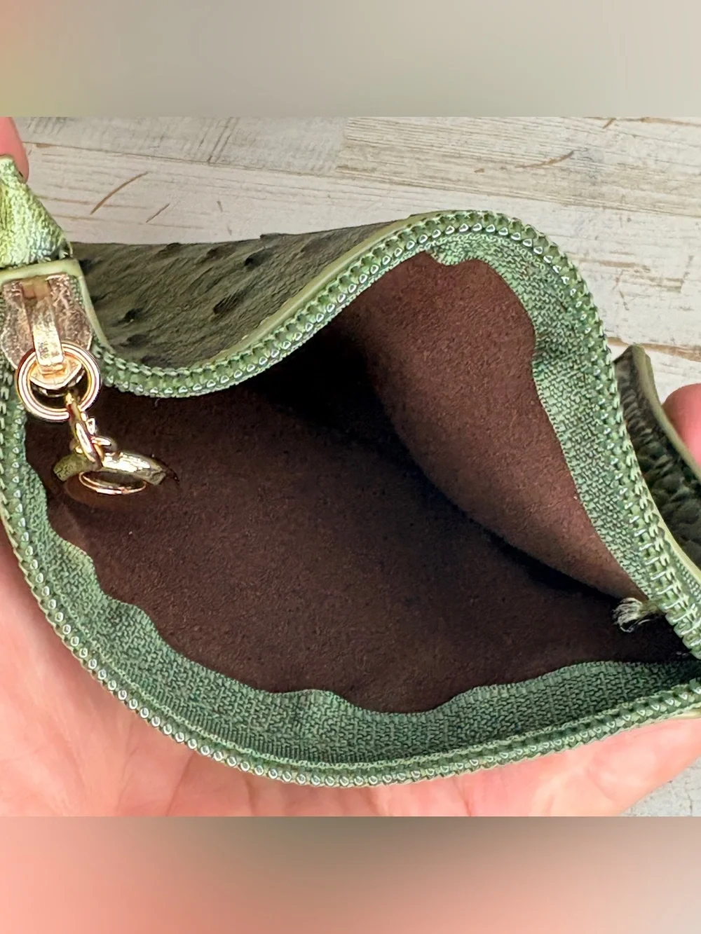 Purse Coin Card Holder Green Faux Crocodile Leather Gold Clip Zipper